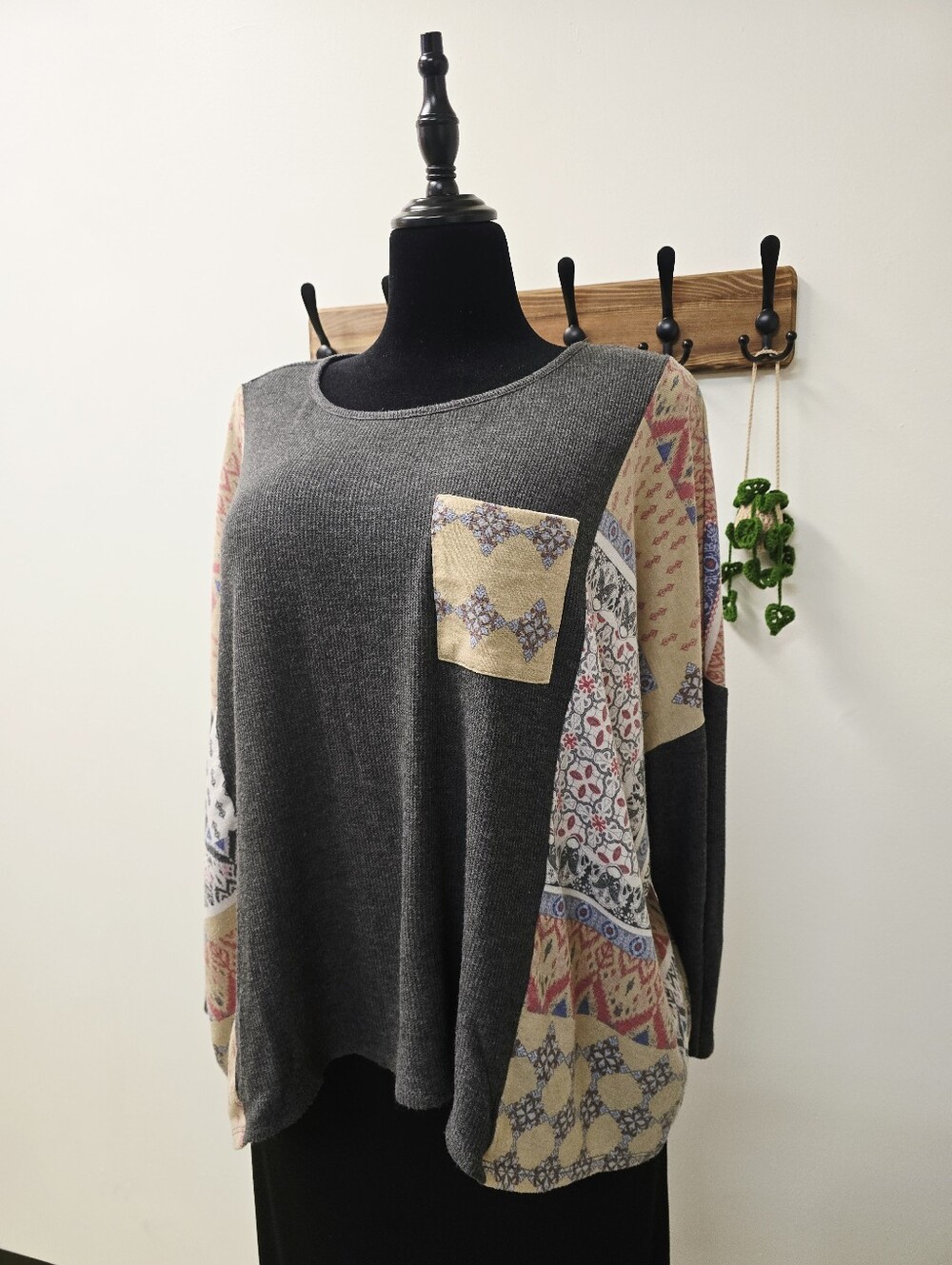Oversized Waffle Knit Aztec Mixed Patchwork Dolman Sleeve Boho Top